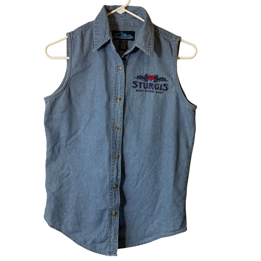 Vintage Sturgis Bike Week 2007‎ Sleeveless Denim Shirt Womens Small Blue Cotton